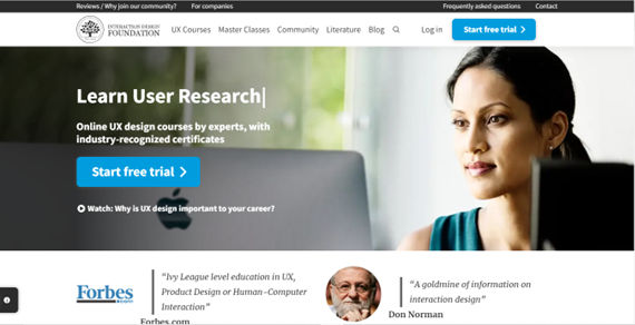 Screenshot of the Interaction Design Foundation homepage.